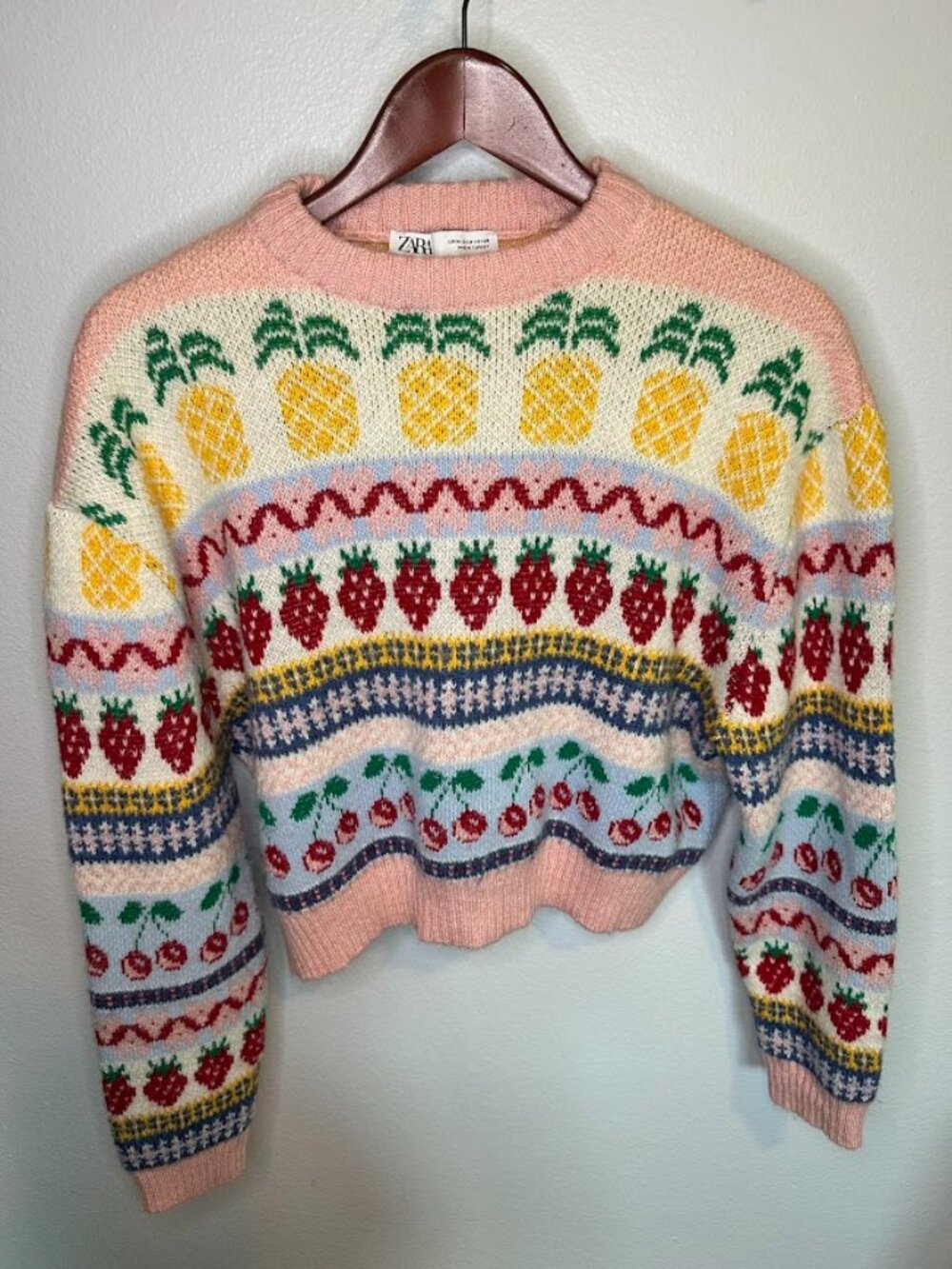 Zara Colorful Fruit Jacquard Cropped Knit Pullover Sweater - Medium